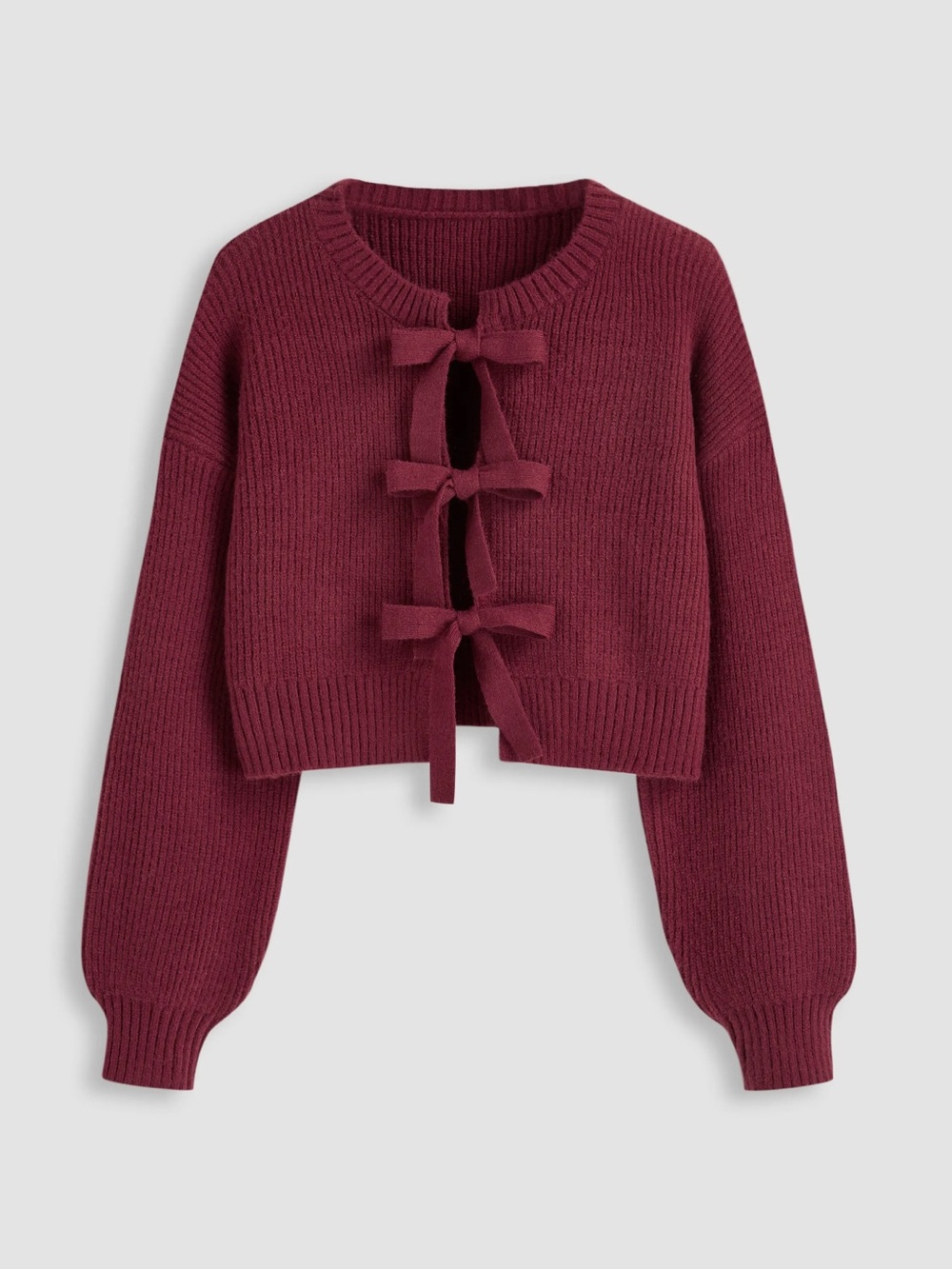 CIDER KNIT ROUND NECK SOLID TIE FRONT BOWKNOT CARDIGAN